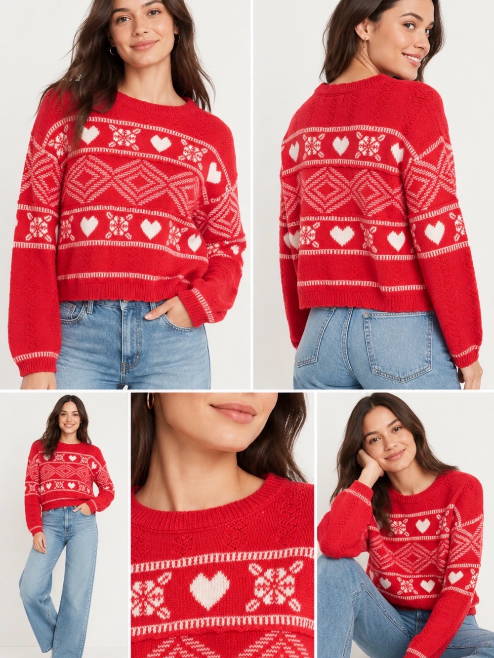 Old Navy Heart Fair Isle Sweater Red Pink Cropped Valentine NWT S